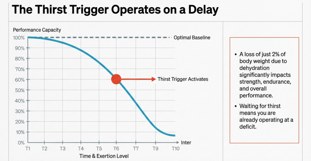 graph showing decline in performance due to dehydration and delayed thirst response
