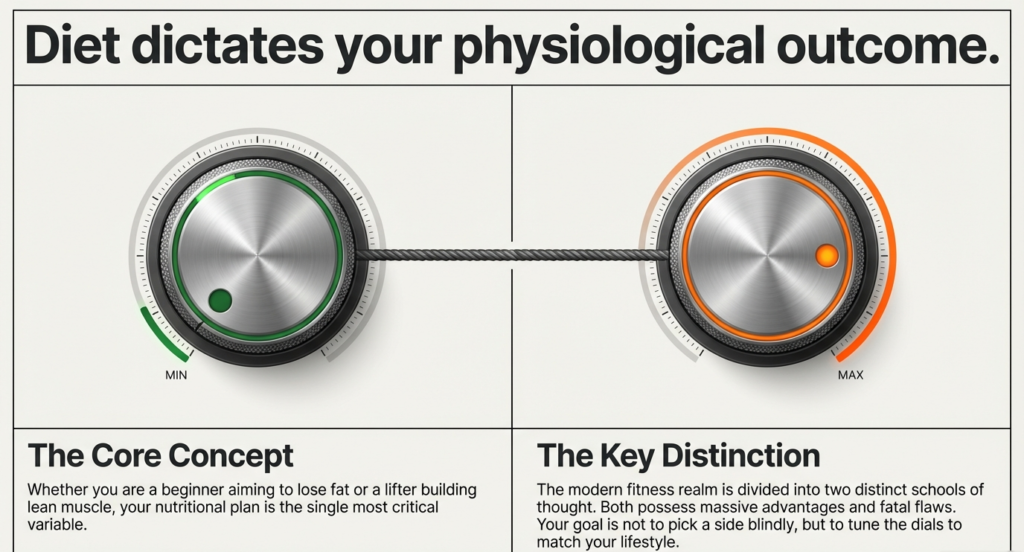 Comparison dial showing clean eating vs flexible dieting impact on body composition and performance