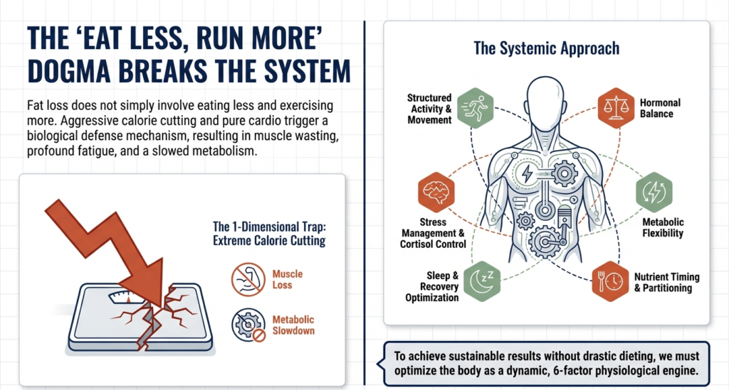infographic explaining why eat less run more approach causes muscle loss and metabolic slowdown. 6 Fat loss secrets.