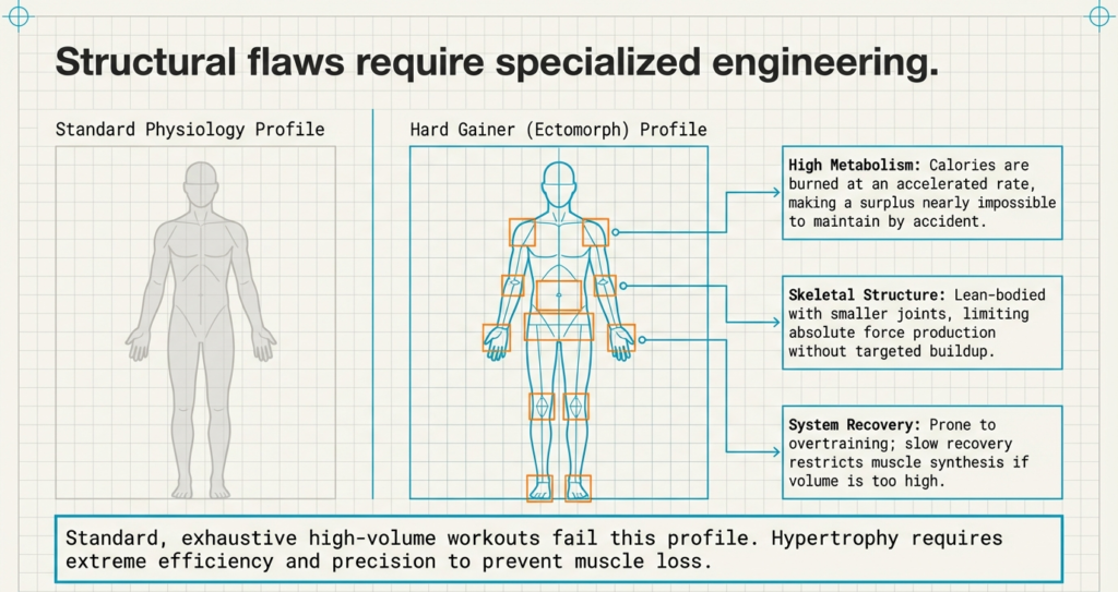 ectomorph body structure diagram showing high metabolism skeletal limitations and recovery challenges