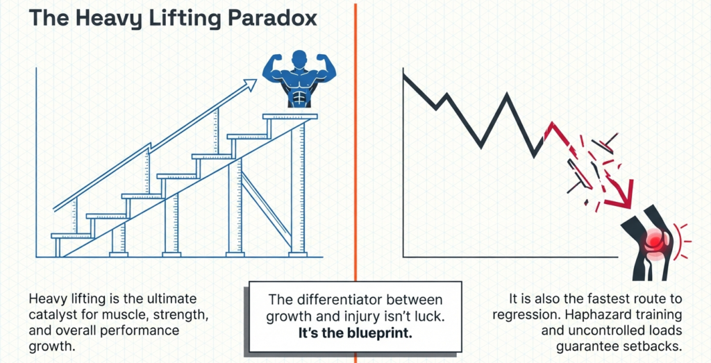 Illustration comparing muscle growth progression versus injury risk from improper heavy lifting