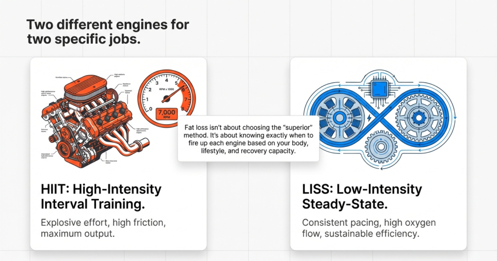 Comparison of HIIT high intensity engine and LISS steady state system for fat loss