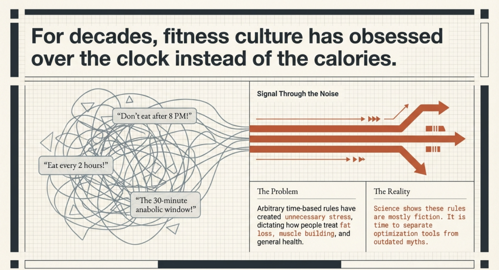 Illustration showing confusion from meal timing myths like eating every 2 hours and 30-minute anabolic window