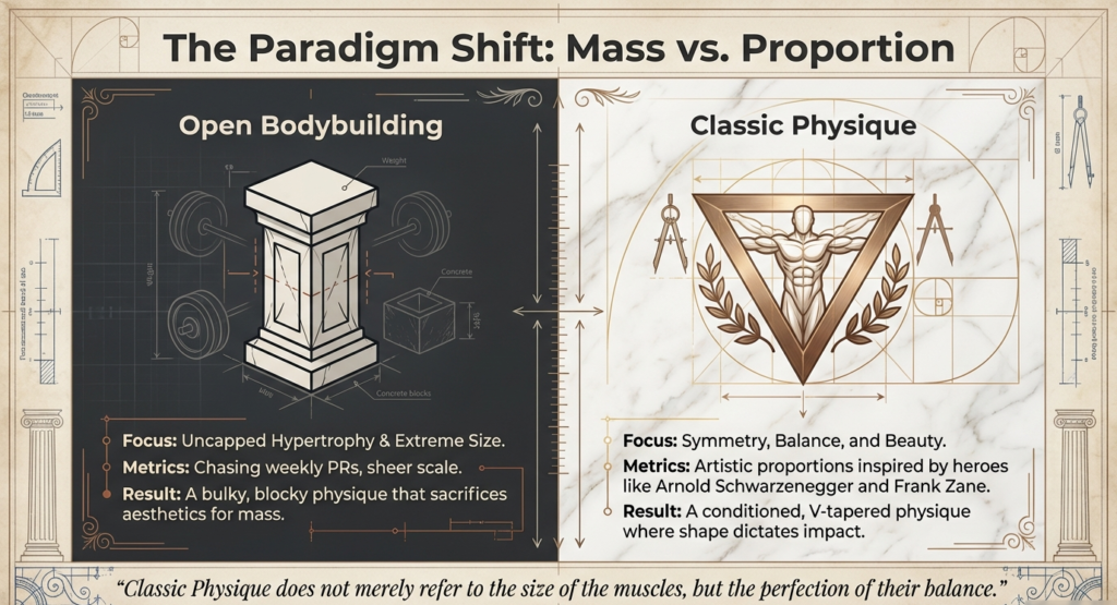 Comparison between open bodybuilding mass and classic physique symmetry and proportions