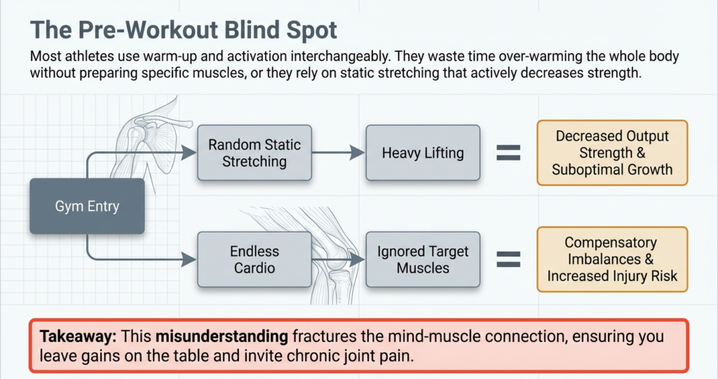 Common mistakes in warm-up and activation including static stretching and ignored muscles