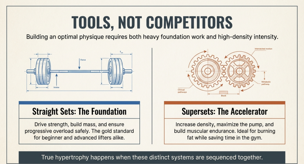 Diagram showing straight sets for strength and supersets for intensity in muscle building training, supersets vs straight sets, muscle growth strategies, how to use supersets and straight sets together, Supersets vs Straight Sets for Muscle Growth.