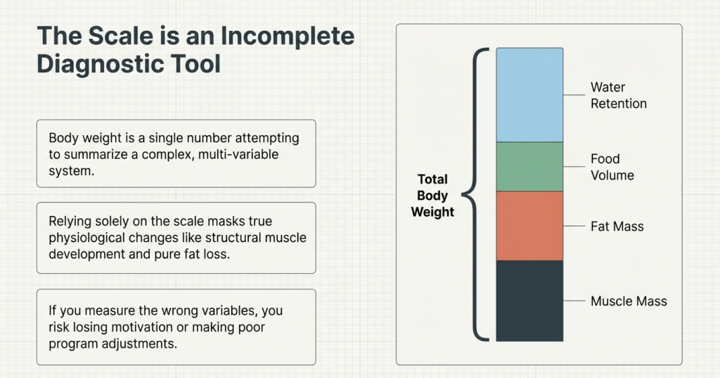 body weight composition chart showing muscle mass fat mass water retention and food volume breakdown