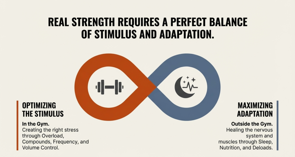 Infinity diagram showing the balance between gym stimulus and recovery including sleep, nutrition, and rest.