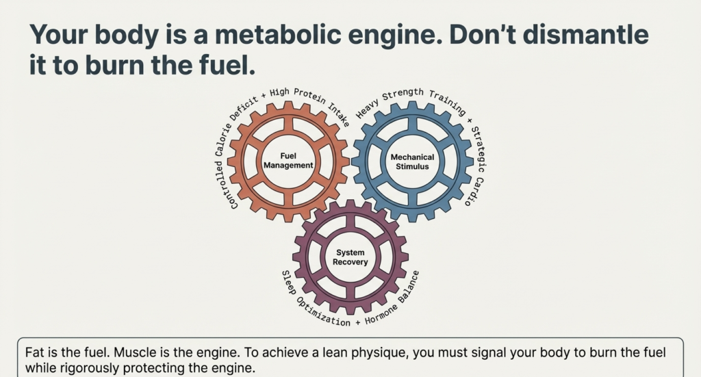 Diagram showing the body as a metabolic engine with three key gears: fuel management, mechanical stimulus from strength training, and system recovery.