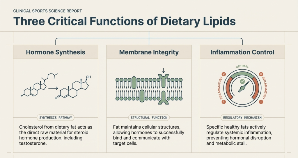 Diagram explaining the three main roles of dietary fats including hormone synthesis, cell membrane integrity, and inflammation control.