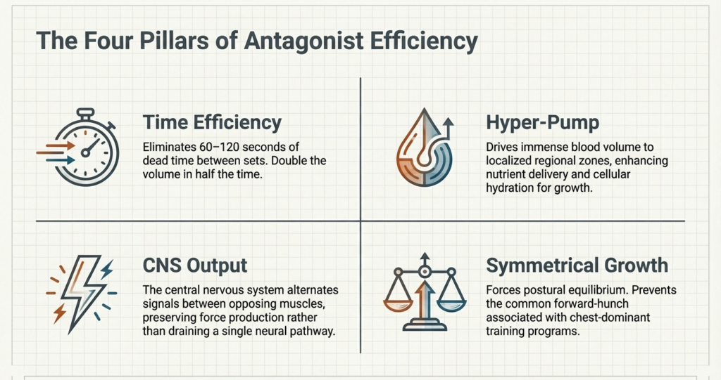 Infographic highlighting the benefits of antagonist supersets including time efficiency, muscle pump, CNS performance, and balanced muscle development.