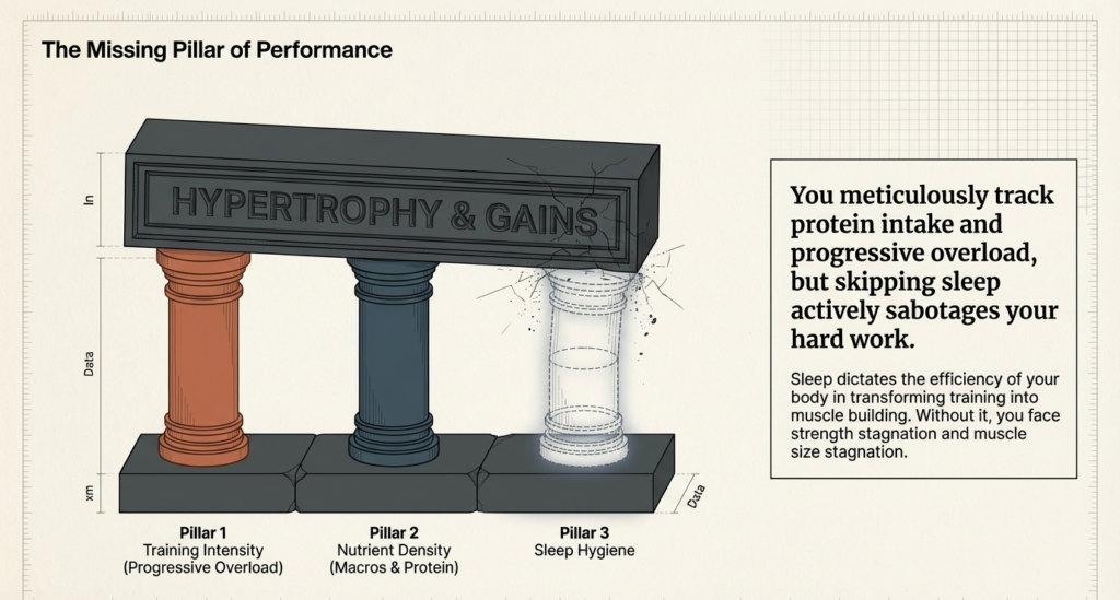 Diagram showing three pillars of hypertrophy including progressive overload, nutrition, and sleep hygiene, highlighting sleep as the missing pillar.
