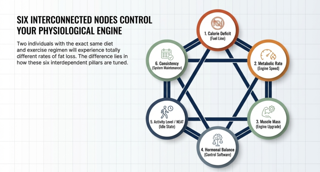 diagram showing six interconnected fat loss factors including calorie deficit metabolism muscle hormones activity and consistency