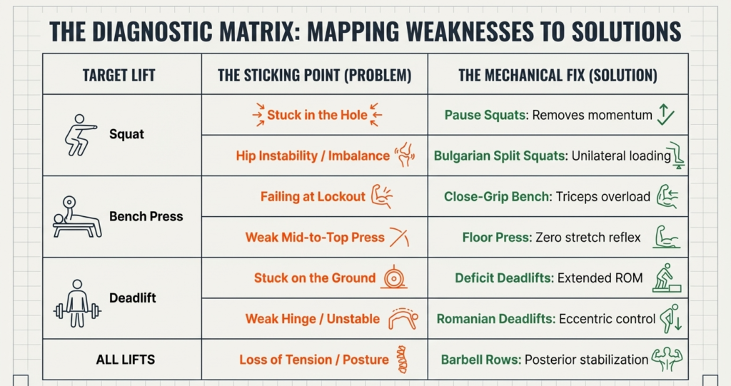 Matrix mapping squat bench press and deadlift weaknesses to assistance exercises like pause squat and RDL