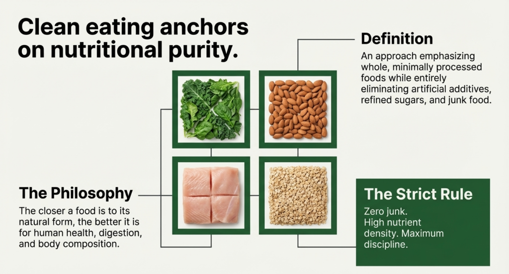 Whole foods like vegetables, almonds, fish, and grains representing clean eating principles