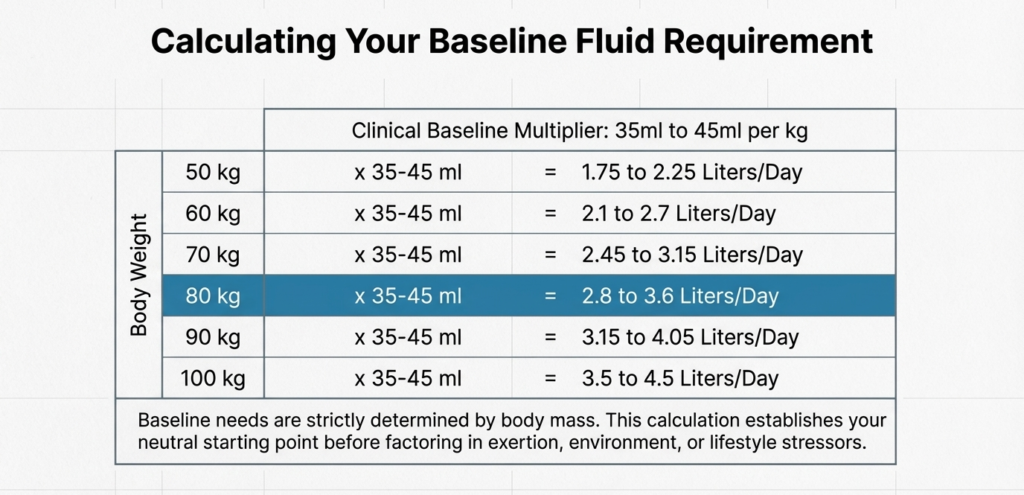chart showing water intake requirements per kg body weight for hydration