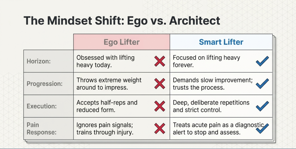 Table comparing ego lifter habits versus smart lifter techniques for injury prevention