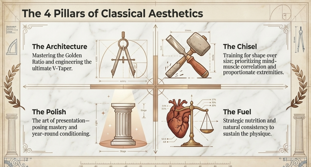 Diagram showing architecture, chisel, polish, and fuel as pillars of classic physique development