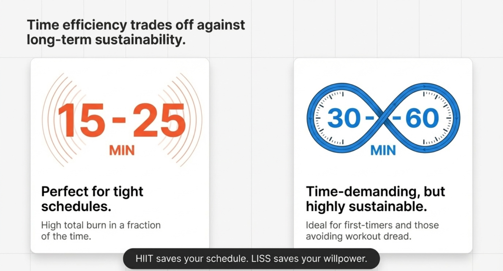 HIIT 15-25 minutes vs LISS 30-60 minutes cardio duration comparison