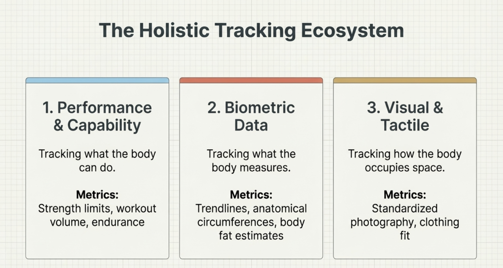 three pillar system showing performance biometric data and visual tracking methods for fitness progress