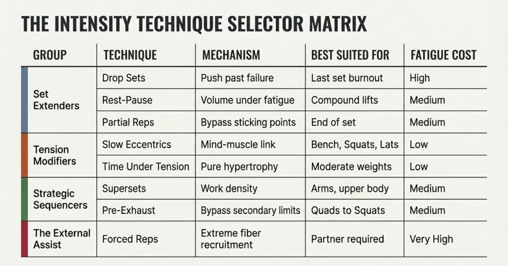 workout intensity techniques comparison chart fatigue cost and benefits