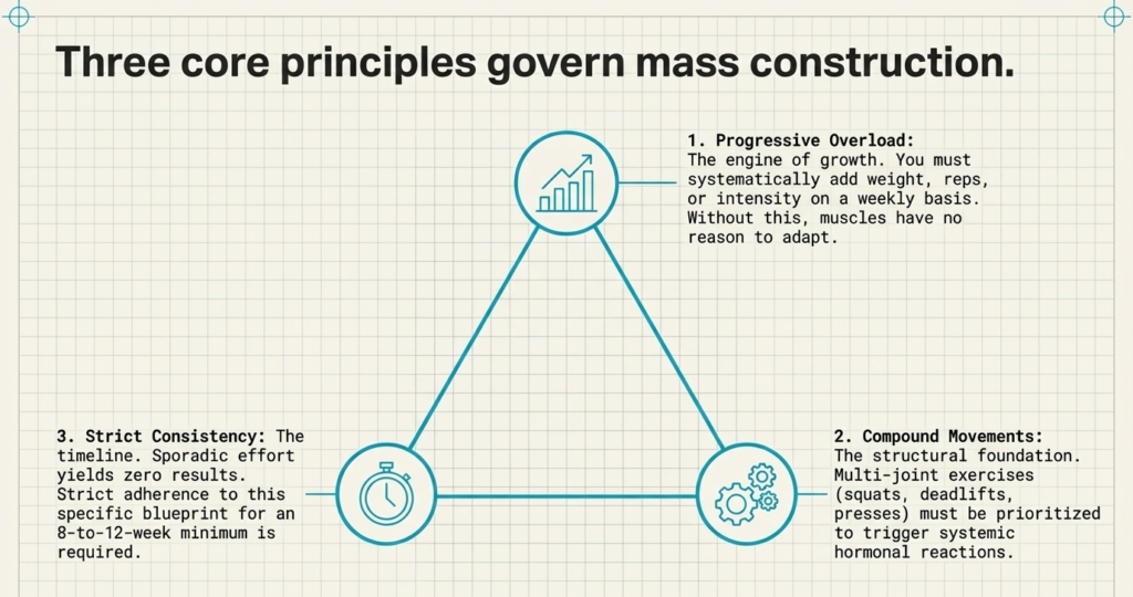 progressive overload compound movements and consistency principles for building muscle mass