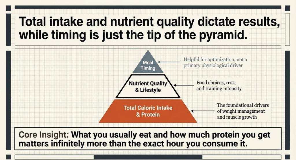 Pyramid showing total calories and protein as primary factors over meal timing
