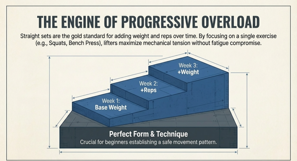 Step progression diagram showing weight and reps increase using straight sets for hypertrophy
