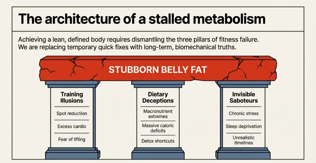 Diagram showing training mistakes, diet errors, and lifestyle factors causing belly fat