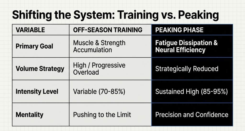 Table comparing off-season training and peaking phase variables like intensity and volume