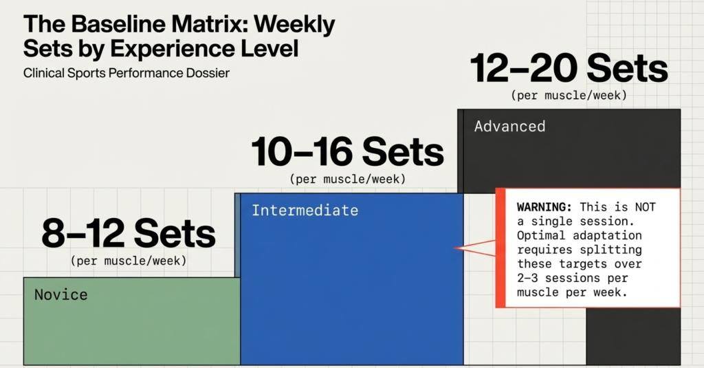 chart showing beginner intermediate and advanced weekly sets per muscle for hypertrophy