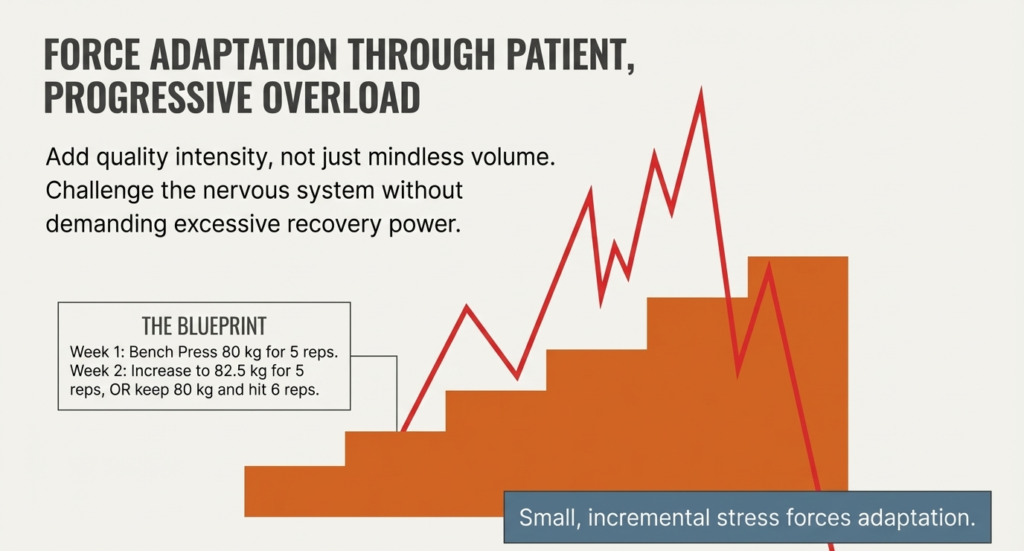 Chart illustrating progressive overload where small increases in training intensity lead to continuous strength adaptation.