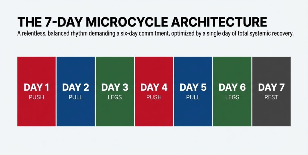 7 day Push Pull Legs microcycle showing Day 1 push, Day 2 pull, Day 3 legs, Day 4 push, Day 5 pull, Day 6 legs, Day 7 rest
