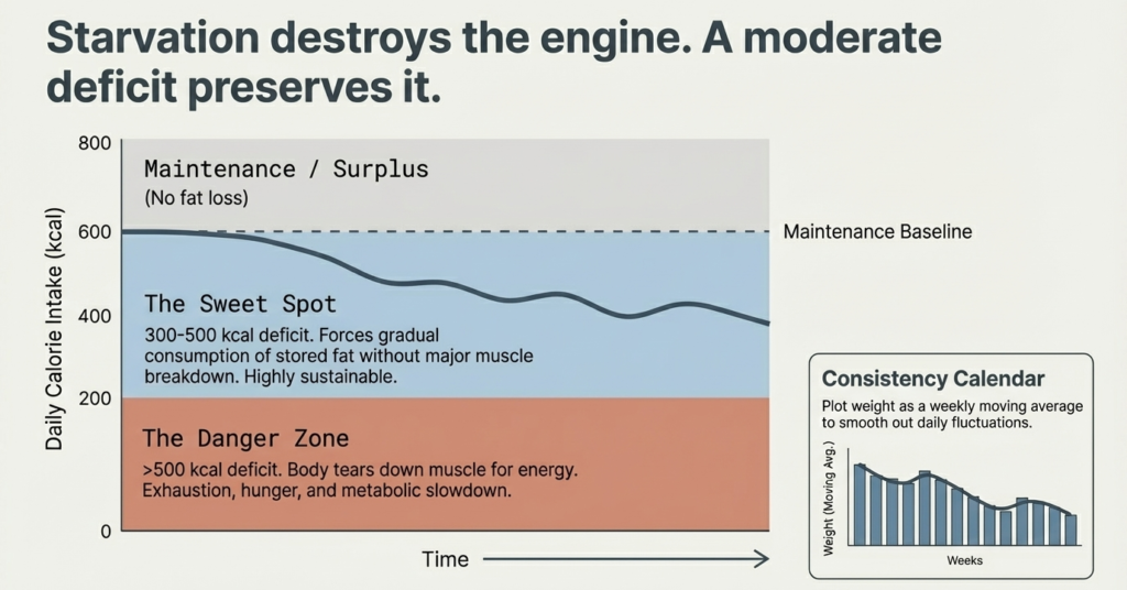 Chart explaining calorie deficit zones showing the safe fat-loss range of 300–500 calories and the danger of extreme calorie restriction.