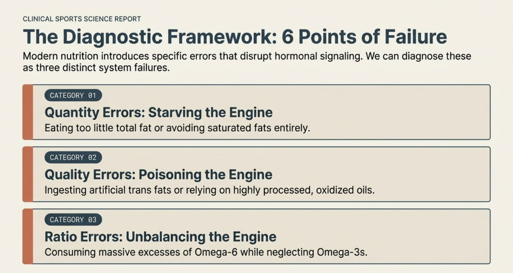 Infographic showing three categories of dietary fat errors including quantity errors, quality errors, and omega ratio imbalance.