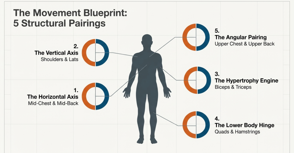 Human body diagram illustrating five antagonist superset pairings including chest and back, shoulders and lats, arms, legs, and upper chest with upper back.