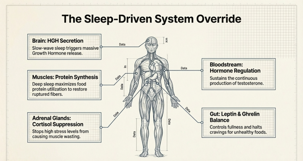 Human body diagram showing how sleep regulates growth hormone, testosterone, protein synthesis, cortisol, and appetite hormones.