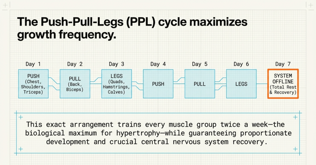 push pull legs weekly training split showing workout schedule for muscle growth frequency