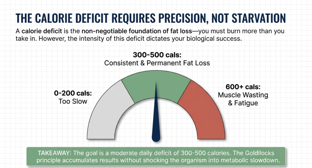 gauge showing calorie deficit ranges from 0 to 600 calories and optimal fat loss zone between 300 and 500 calories