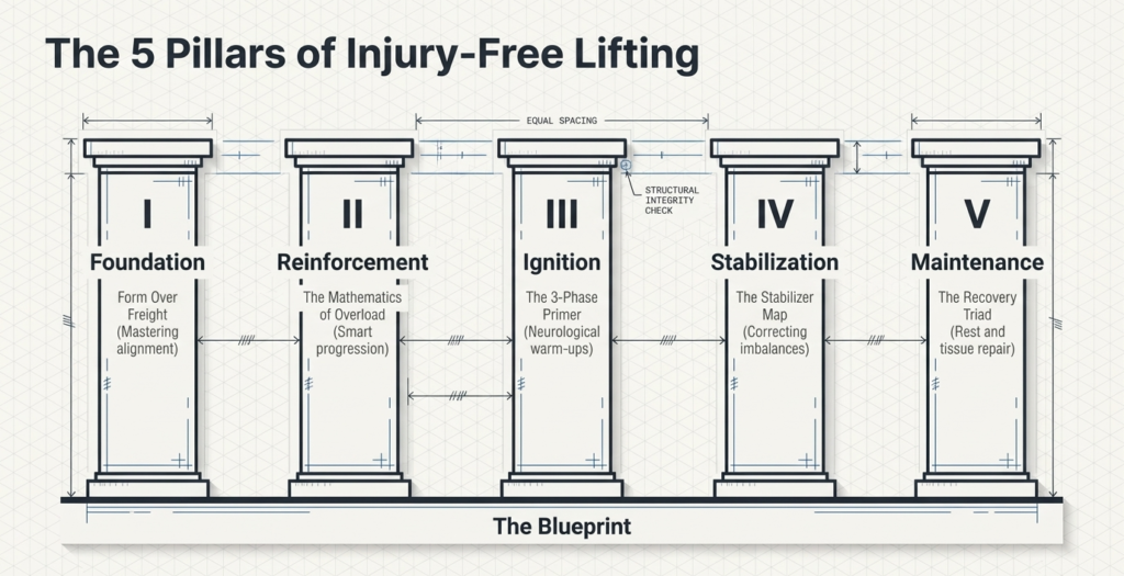 Illustration of five pillars including form, progression, warm-up, stability, and recovery