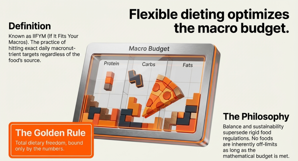 Macro budget illustration showing protein, carbs, and fats with flexible dieting concept