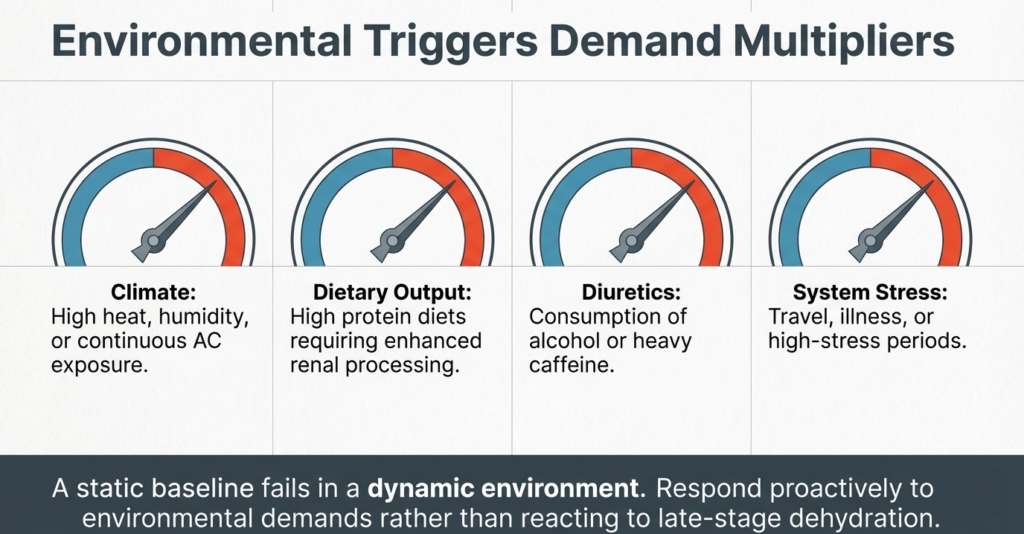 infographic showing climate, diet, caffeine and stress affecting hydration levels, hydration rules for fitness.