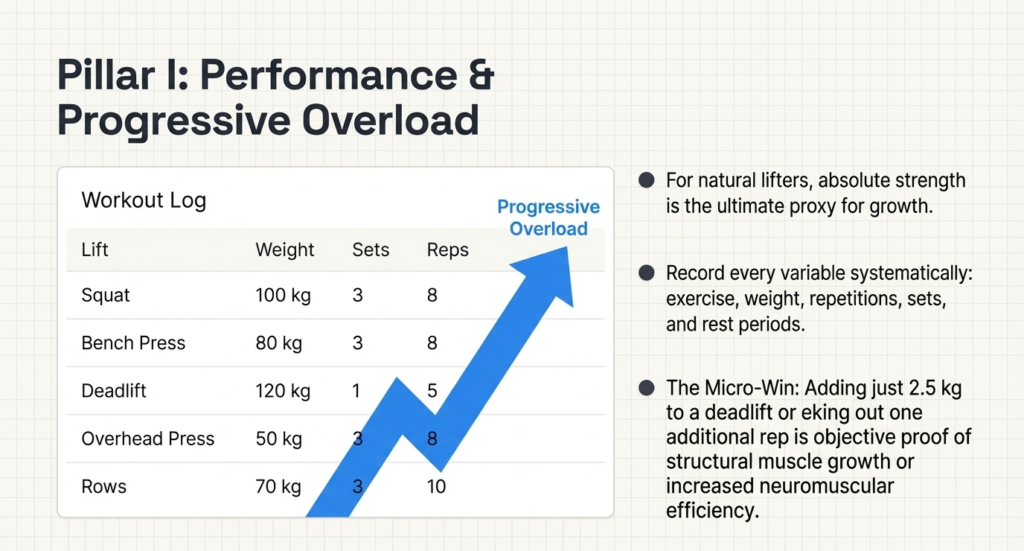 workout log showing squat bench press deadlift and progressive overload increasing strength