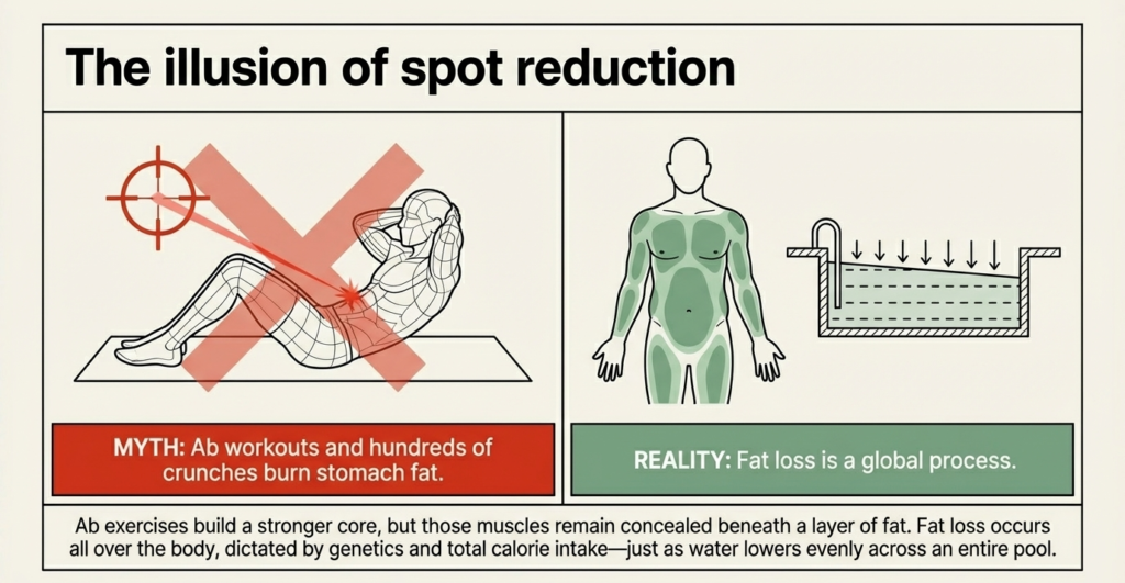 Illustration showing ab exercises cannot directly burn belly fat