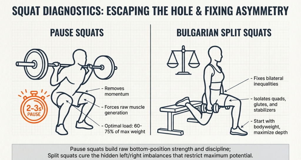 Illustration of pause squat and Bulgarian split squat for improving squat strength and fixing imbalances