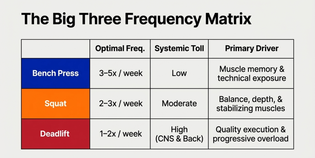 Frequency matrix showing bench squat deadlift weekly training recommendations