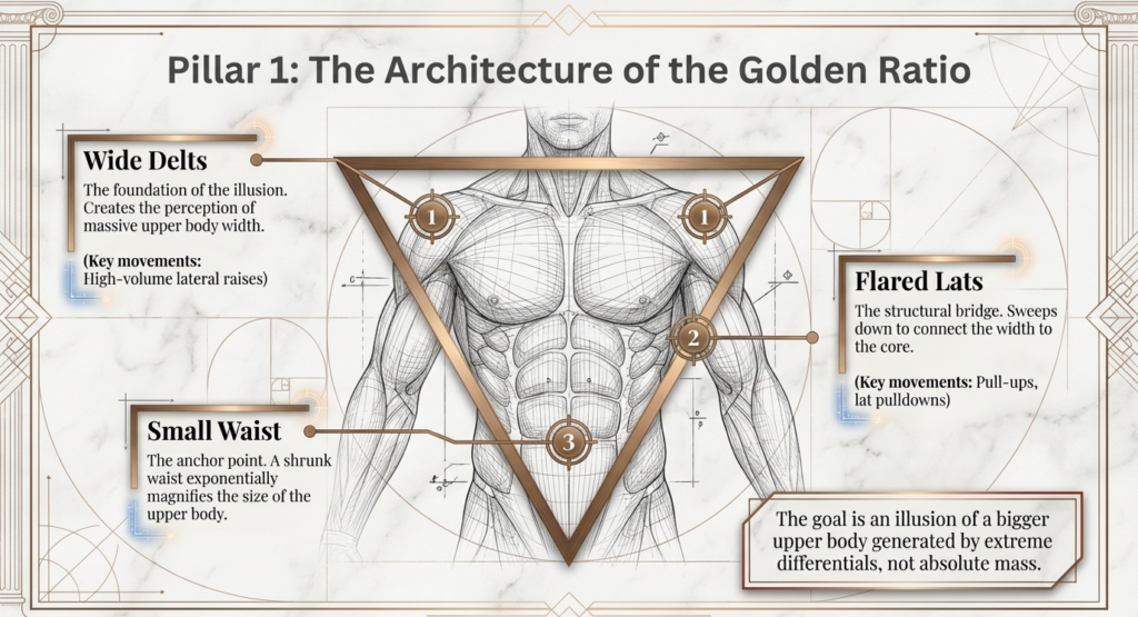 Diagram showing wide shoulders, small waist, and flared lats for ideal V-taper proportions