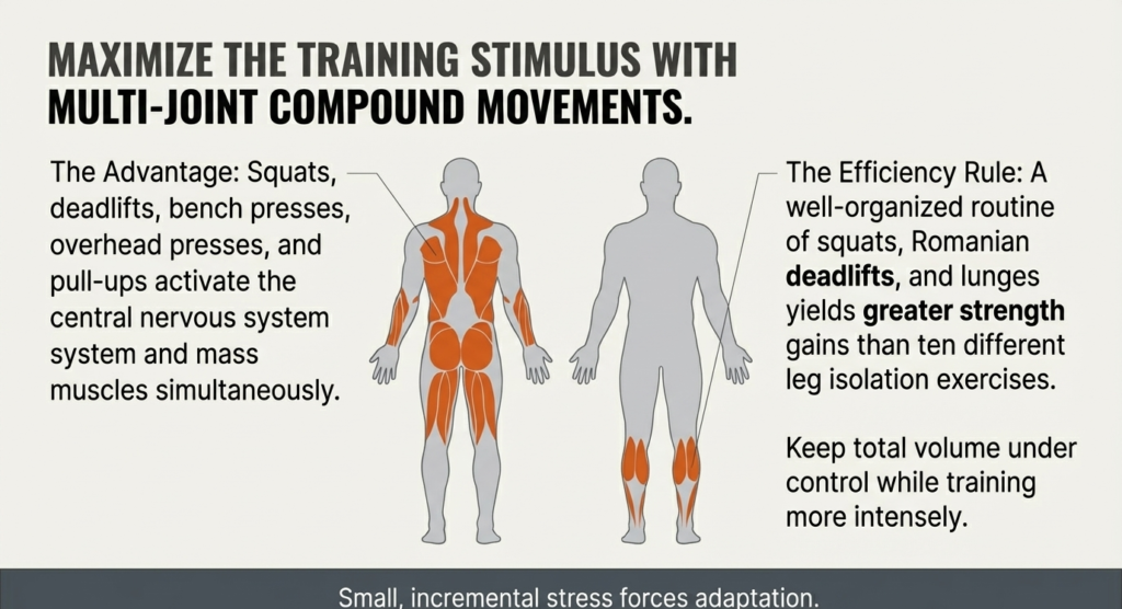 Muscle activation diagram highlighting compound exercises like squats, deadlifts, and bench press engaging multiple muscle groups.