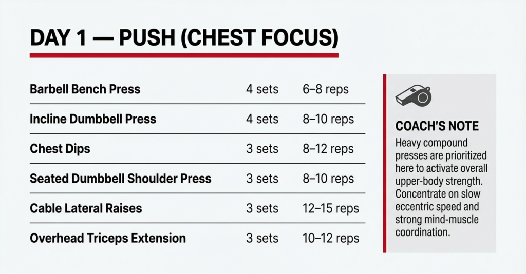 Day 1 push workout routine including barbell bench press incline dumbbell press dips shoulder press lateral raises and triceps extensions