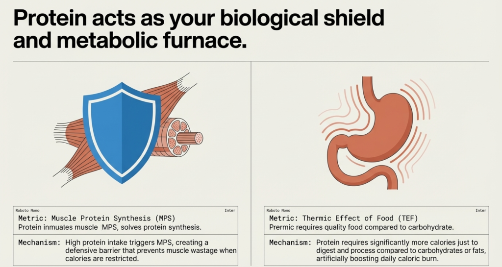 Infographic showing how protein supports muscle protein synthesis and increases thermic effect of food to help fat loss.
